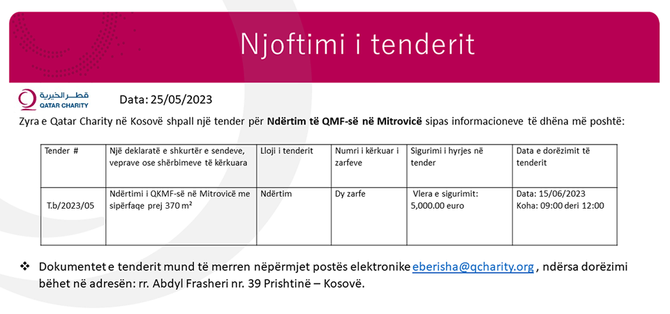 Shpallje: Tenderi për Ndërtim të QMF-së në Mitrovicë